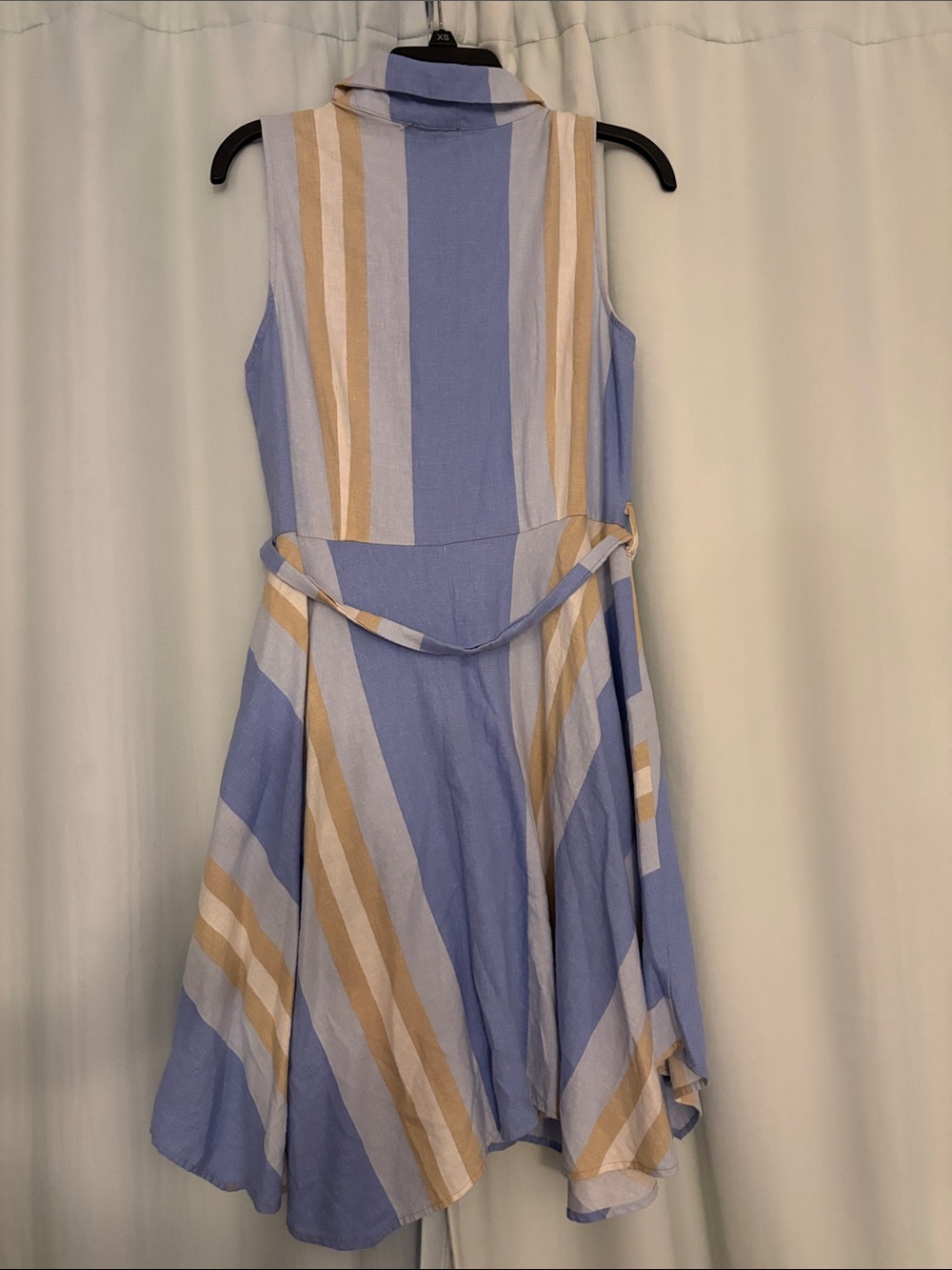 1. State Blue and Beige Striped Sleeveless Shirt Linen Blend Button Down Dress,M - Picture 5 of 6